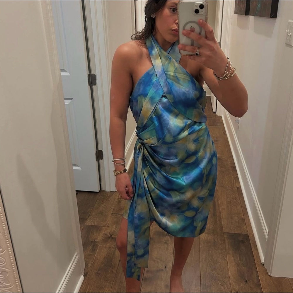 Badgley Mischka Asymmetrical Blue and Green Dress